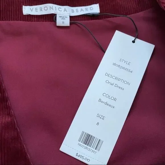 NWT Veronica Beard Orial Burgundy Red Corduroy Zip Front Mini Dress Size 8